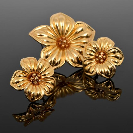 Van Cleef & Arpels 18K Gold Flower Brooch & Earrings