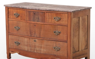 Victorian Walnut and Marble Top Five-Drawer Serpentine Chest, Late 19th Century
