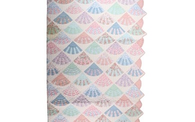 Vintage American mid 20th Century King Size hand pieced fan pattern quilt in pastel colors. 80" x