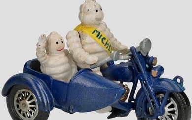 Vintage Cast Iron Toy Michelin Men on Motorcycle with Side Car