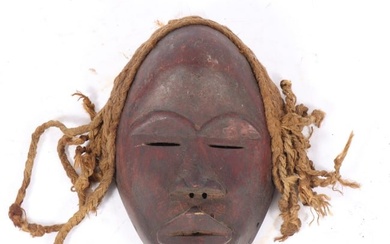 West African Dan carved wooden tribal mask with rope twine fiber hair 10 3/4"H x 7"W