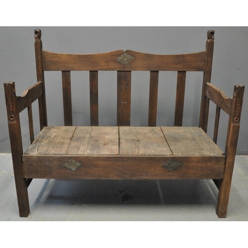 West African stained hardwood slat backed settle, the open a...