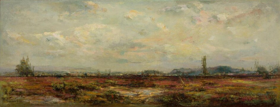 Wilfred East, British, late 19th century- The Cotswolds; oil on canvas, signed 'WILFRED EAST' (lower left), titled 'The Cotswolds' on the reverse, 38.5 x 99.2 cm., (unframed). Provenance: Private Collection, UK.