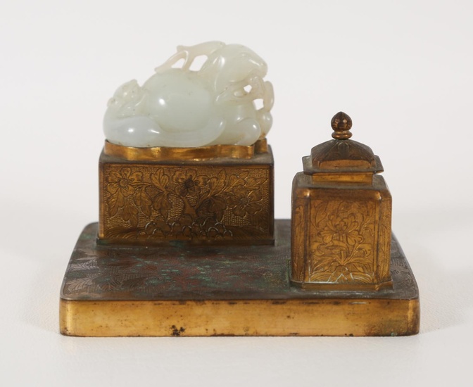 iGavel Auctions: Chinese Gilt Bronze Ink Well Mounted with White Jade Deer and Lingzhi with Squirrel Group ASW1