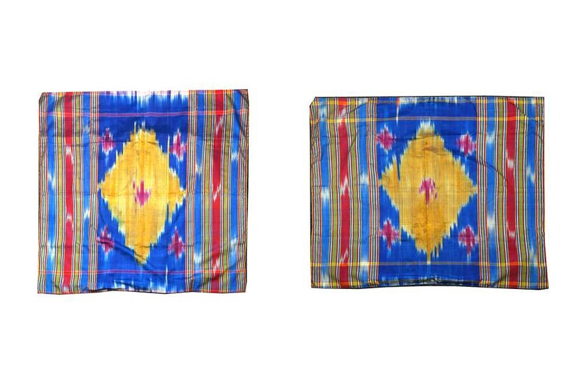 A PAIR OF MODERN IKAT BLUE PANELS Of squared...
