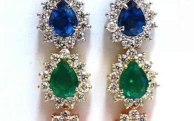 13.24ct Natural Emeralds & Sapphires Three Tier Dangle Earrings 18 Karat Pears