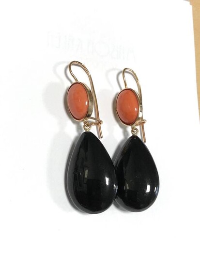 14 kt. Pink gold - Earrings coral Sciacca jet black