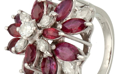 14K White gold vintage entourage ring set with approx. 1.04 ct. diamond and synthetic ruby.