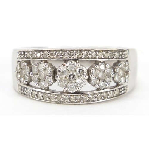 14ct white gold diamond half eternity ring with five flower ...