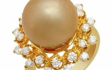 14k Yellow Gold 12mm Pearl 0.78ct Diamond Ring
