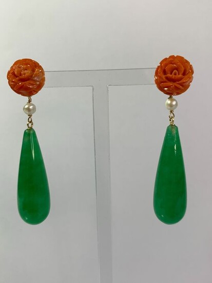 18 kt. Gold - Earrings Jade - coral