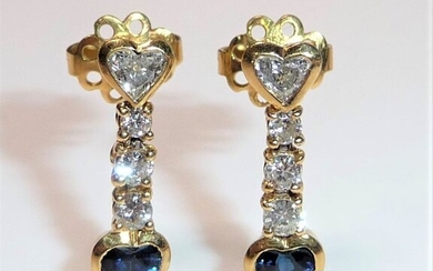 18 kt. Yellow gold - Earrings - 0.72 ct Diamonds + 0.80 ct. Sapphires