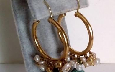 18 kt. Yellow gold - Earrings amazonite-tourmaline and pearls - Pearls