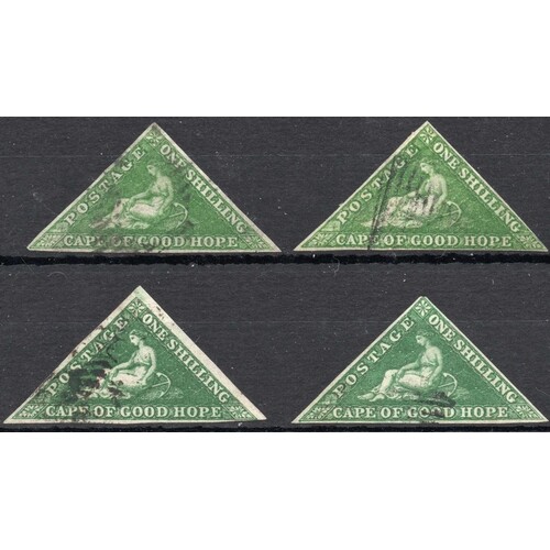 1855-63 WHITE PAPER 1/- BRIGHT YELLOW-GREEN, four used shade...