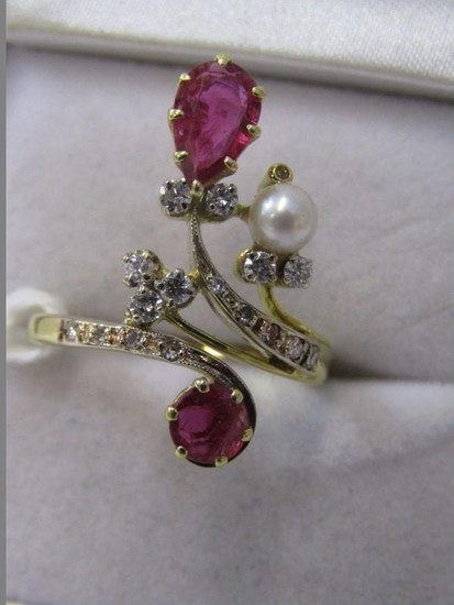 18CT YELLOW GOLD RUBY, DIAMOND & PEARL COCKTAIL RING, well m...