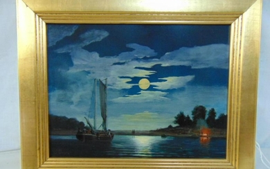 Painting, nocturnal river, Curtis Rosser, painted on