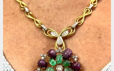 1960s 18K Yellow Gold Star Ruby Diamond and Emerald Necklace