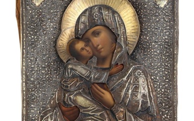 19C. Russian Orthodox Silver Madonna & Child Icon