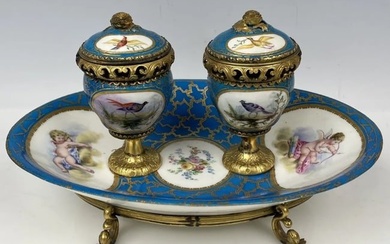 19TH C. ORMOLU MOUNTED SEVRES PORCELAIN INKWELL