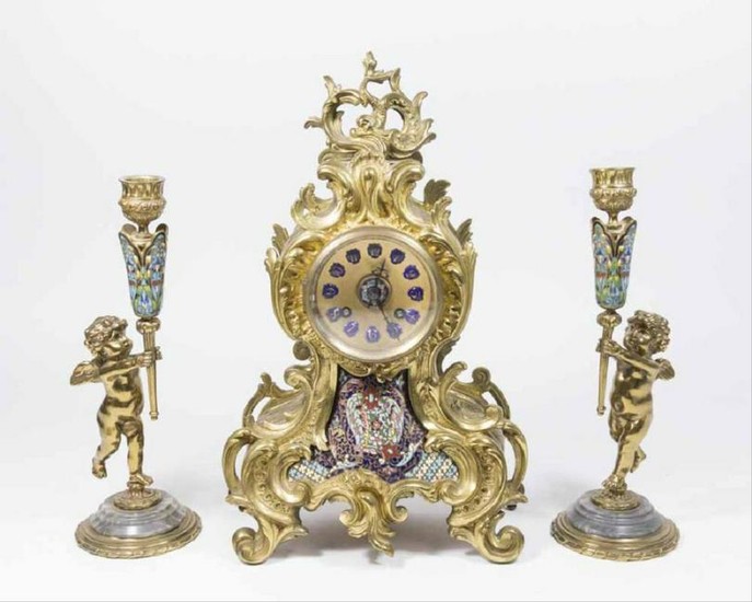 19Th Century 3 Pc. Brass And Enamel Clock Set
