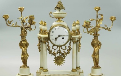 19th century French Dore bronze and Carrera marble clock with two candelabras with two cupids