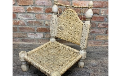 19th century Indian carved wood Pidha 'Marriage' chair, havi...