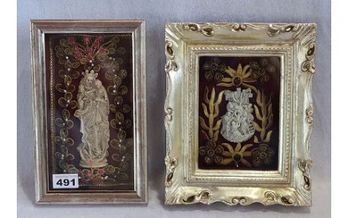 2 Klosterarbeiten mit Reliefdarstellungen, Kreuzabnahme und Maria mit Kind', reich verziert, unter