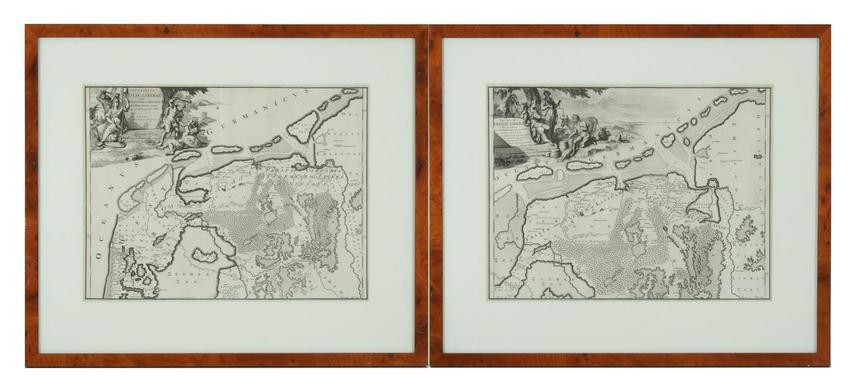 2 antique topographical maps, descriptio Frisiae