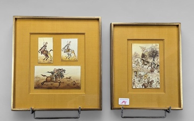 2 peintures sur ivoire 19ème - scènes de chasses Inde - 6x8 à 9x15 cm