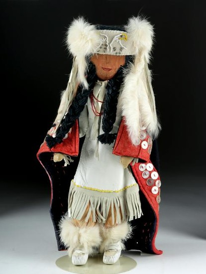 20th C. Tlingit Wood Female Doll w/ Hide, Fur