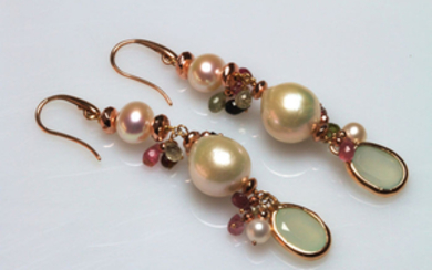 18 kt rose gold earrings with coloured gemstones and pearls