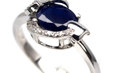 27$---Heated Blue Sapphire & Cubic Zirconia Ring 925 Sterling Silver...