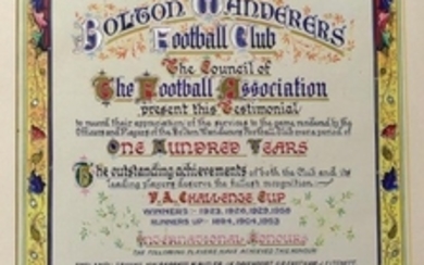 BOLTON WANDERERS 100TH ANNIVERSARY ILLUMINATED CERTIFICATE THE ORIGINAL SCROLL PRESENTED TO BOLTON WANDERERS BY THE FA AND WAS SOLD BY THE CLUB WHEN THEY