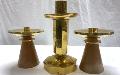 3 Mid Cent Modern Brass/Wood Candle Holders, Swiss