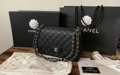 Chanel - Classic Jumbo Double Flap Black Caviar Silver Hardware Handbag