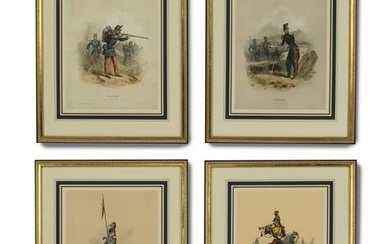 (4) French military hand-colored engravings, 19th c.