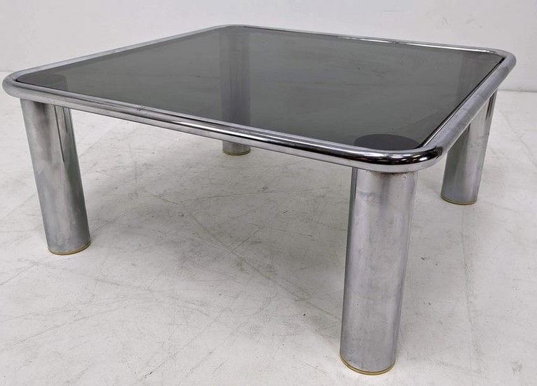 70s Modern Pace Style Table. Chrome & Smoked Glass Coff
