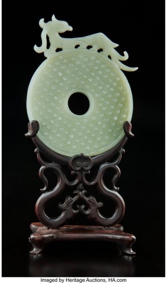 78491: A Small Chinese Carved Celadon Jade Bi Disc 6-1/