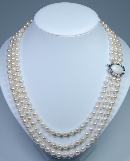 835 Silver - Necklace - natural opal - 0.40 ct emeralds - Ø 6.5-7 mm Akoya pearls