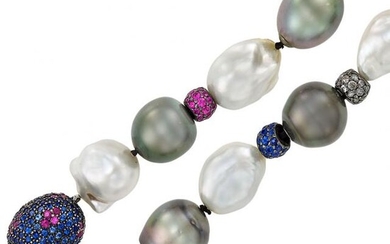 Pair of Baroque South Sea and Tahitian Gray Cultured Pearl, Gem-Set and Diamond Bracelets/Necklace Combination
