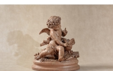 After Jean-Baptiste Pigalle, (French 1714 – 1785), a sculpted terracotta model of Cupid with a dove