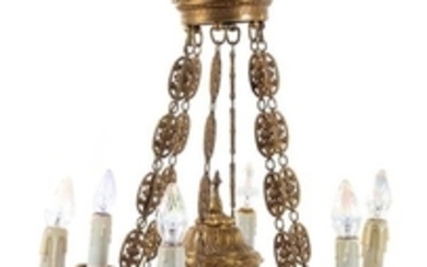 An Empire Style Tole and Gilt Bronze Six-Light Chandelier