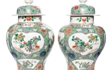 A Pair of Famille Verte Porcelain Jars and Covers