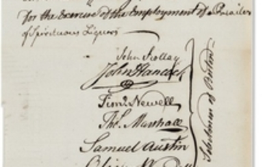 HANCOCK, John (1737-1793). Document signed (''John Hancock'') as Boston Selectman and by six others including Timothy NEWELL (c. 1718-1799), Boston, 9 July 1773.