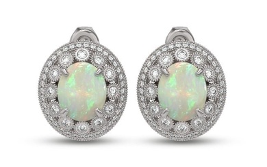 9.85 ctw Certified Opal & Diamond Victorian Earrings 14K White Gold