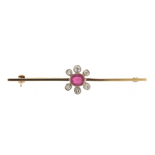 9ct gold ruby and diamond bar brooch, the ruby approximately...