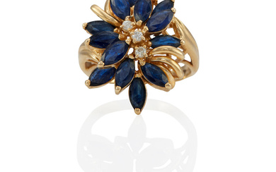 A 14K GOLD, SAPPHIRE AND DIAMOND RING