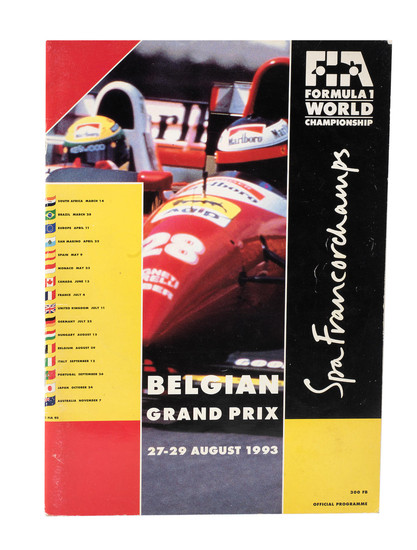 A 1993 Belgian Grand Prix race programme, signed by many competing drivers including Senna