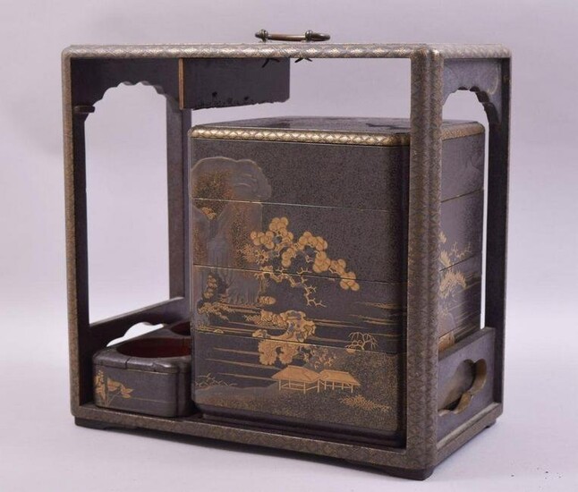 A 19TH CENTURY JAPANESE LACQUER PICNIC BOX with gilt