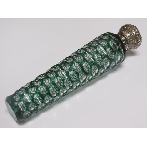 A 19c green flashed and cut glass scent bottle of tapering f...